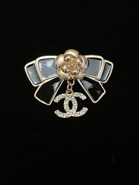 Black Enamel Bow Brooch with Gold Camellia & Crystal CC
